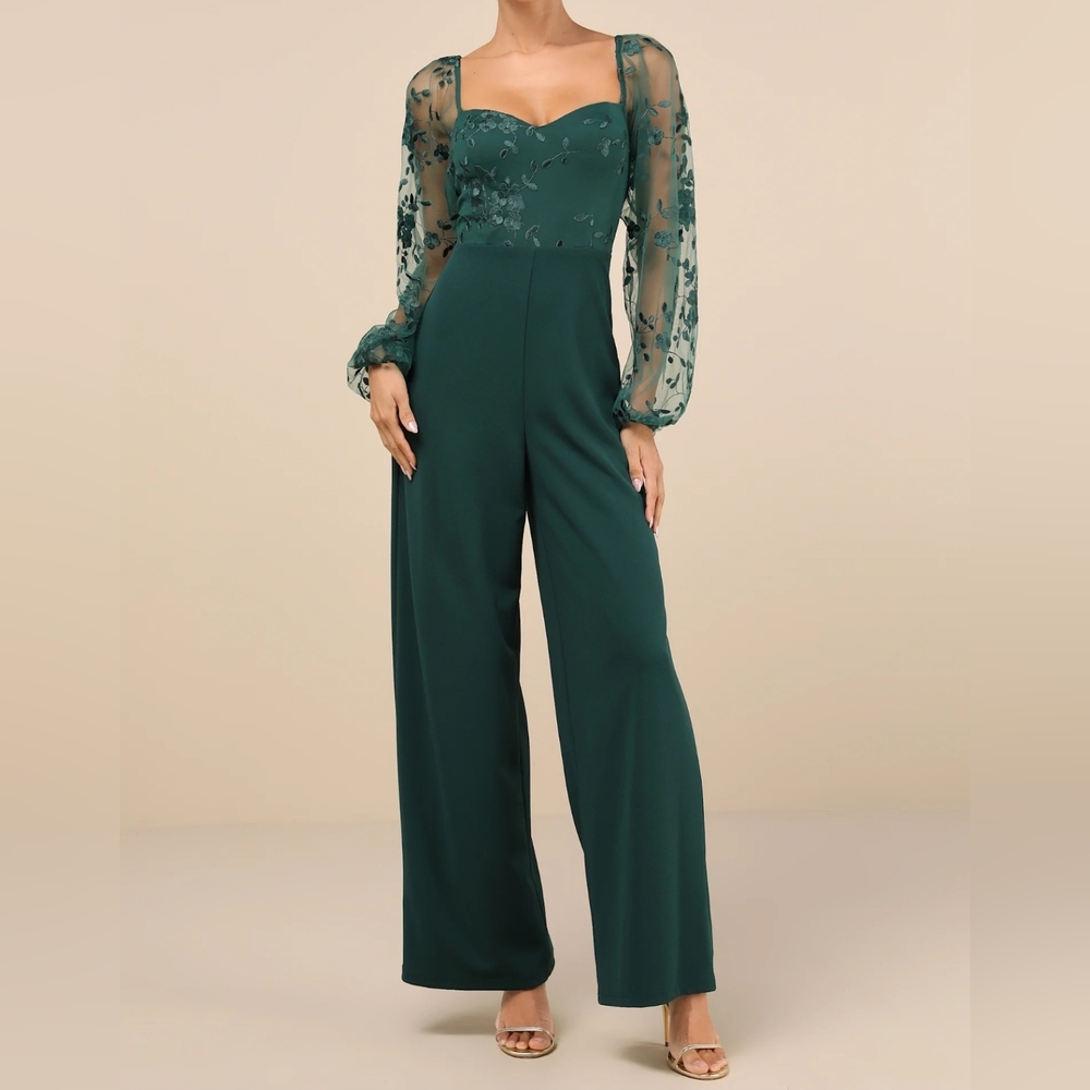 Lulu's Emerald Jumpsuit with Floral Sheer Sleeves